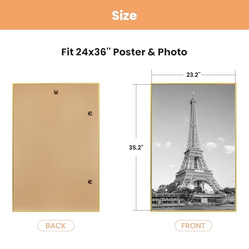 Image of upsimples 24x36 Poster Frame Gold 3 Pack, Scratch-Proof Picture Frames 24 x 36 for Photo Gallery - Slide-In Strips, Horizontal or Vertical Wall Mounting