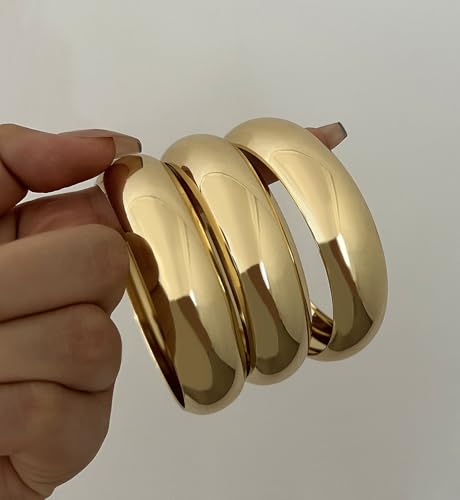 Image of Chunky Gold Bangle Bracelets for Women, Dainty 14k Gold Plated Big Stackable Bangles Set, Trendy Statement Cuff Bracelet Stack Fashion Jewelry Gifts