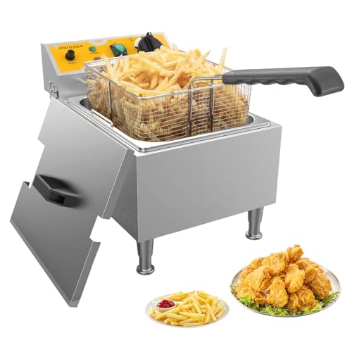 Large Deep Fryer with Basket and Lid 10L(10.6Qt), 304SS Electric Deep Fryer for Home and Commercial, Countertop Deep Fryers, 1750W Fast Heating, 120V