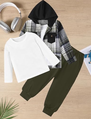 Image of Toddler Boy Clothes Plaid Hooded Shirt White T-shirt Top and Solid Color Pants 3Pcs Winter Boys Clothes