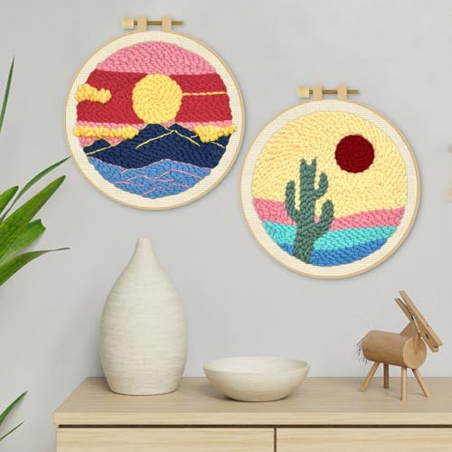 Image of ERKOON Punch Needle Kit Adults Beginners, 2 Pcs DIY Easy Landscape Embroidery Set for Starter Art Craft, Needling Punching Project with Patterns, Tools, Yarns, Hoop, Instruction (Desert & Afterglow)