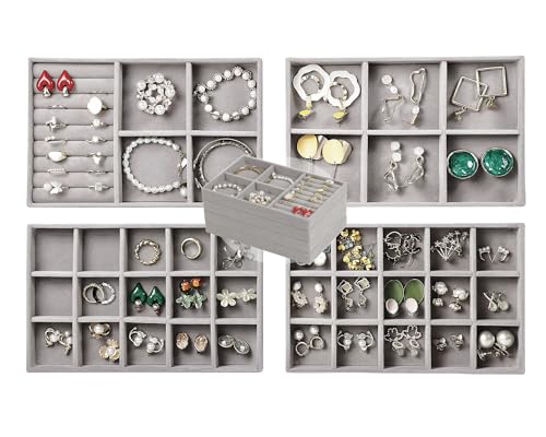 Set of 4 Stackable Jewelry Trays Organizer, Velvet Earring Organizer, Jewelry Organizer Showcase Display Drawer Organizer Storage, Earring Holder Necklace Bracelet Ring Accessary Organizers (Gray)