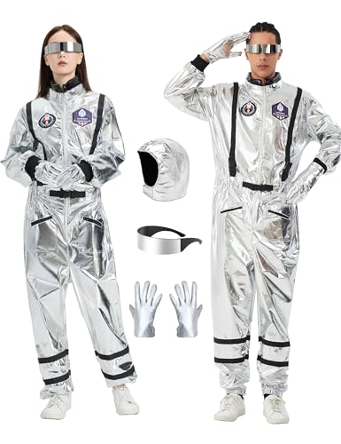 KNMBTR Astronaut Costume Adult Silver Space Suit Costume for Wonmen Men Halloween Spaceman Role Play