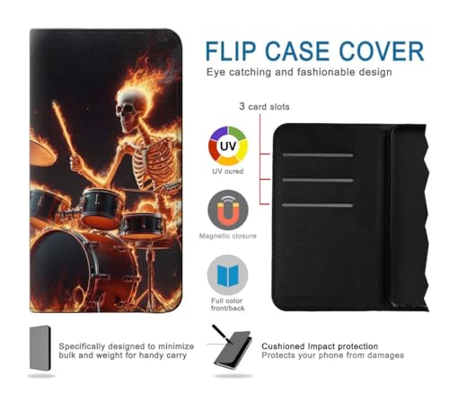 Housse cuir Google Pixel 10a Fire Skull Drummer étui flip noir