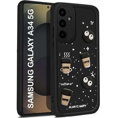 TRUEUPGRADE Coffee Case for Samsung Galaxy A34 5G | Cute 3D Cartoon Ball Design | Soft Silicone Back Cover for Samsung Galaxy A34 5G| Full Body & Camera Protection | Black