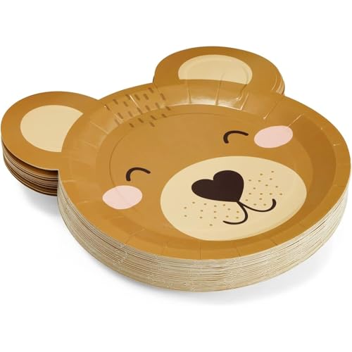 Sparkle and Bash Teddy Bear Paper Plates - 48 Pack - 11-Inch Brown Bear Shape - Disposable & Sturdy Birthday Party Plates for Baby Shower & Celebrations