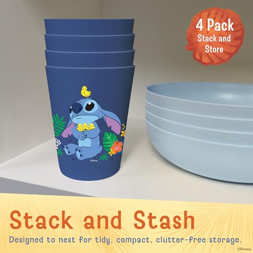 Image of Disney Stitch Plastic Drinking Glasses, Dishwasher Safe, 4-Pack | 16 oz, unbreakable, reusable, BPA-free, stackable to save space, great for water, juice, and family meals