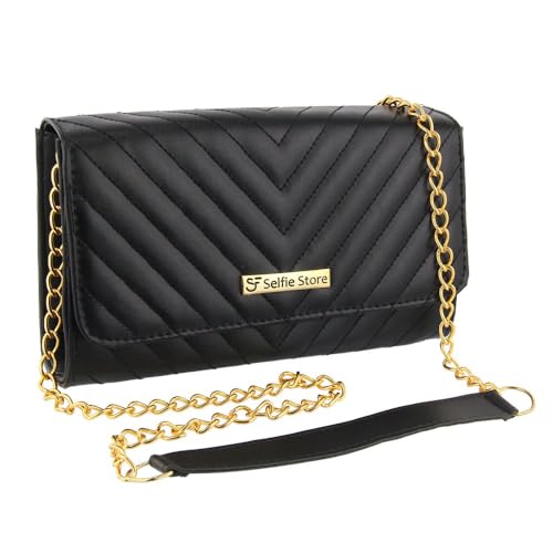 Bolsa Clutch Feminina Pequena Monaco Estilosa Balada com Corrente Dourada Cor Preto
