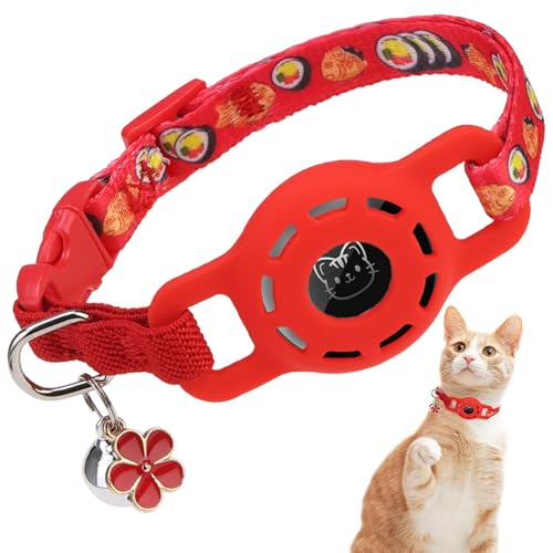 BINGPET 猫 首輪 airtag ベル付き ペット 調節可能 エアタグ 追跡装置 Airtag対応 安全 セーフティバックル かわいい 紛失防止 子猫 子犬 鈴 可愛い首飾り 鈴つき (寿司 レッド)