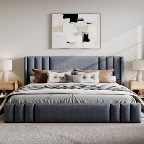 Image of Harper & Bright Designs Queen Size Upholstered Platform Bed with Wingback Headboard and Wooden Slats Support for Bedroom, Gray