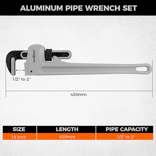 Image of HORUSDY 18-Inch Pipe Wrench, Aluminum Heavy-Duty Adjustable Plumbing Wrench, 450mm, 1 /2 inch-2 inch Pipe Capacity, Strong Grip & Durable, Lightweight Gray for Professionals & DIY