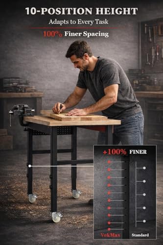 VekMax 70\" Heavy Duty Workbench, 2500 LBS Load Capacity Work Bench with 1.2\" Laminated Oak Wood Top & Reinforced Steel Frame, Adjustable Height Work Table for Garage, Workshop, Office, Home (Casters)