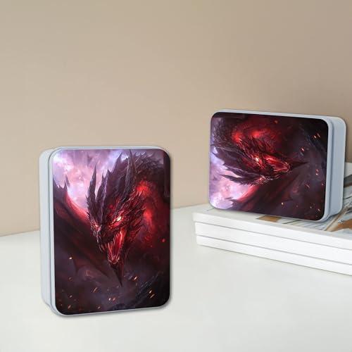 Image of Metal Tin Box with Lid,Multi-functional Storage Box Can Store Tea Biscuits Game Cards, Playing & Tarot Cards-Comes with 4 Magnetic Cord Clips,Red Dragon Portrait