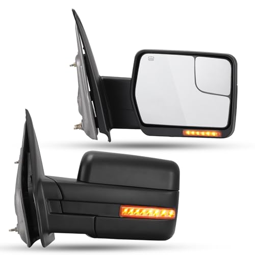 RIDWIND Power Heated Towing Mirrors Compatible with 2004-2014 Ford F150, Tow Mirrors with Power Glass, LED Turn Signal Light and Puddle Light,Pair Set-16 Pin Plug