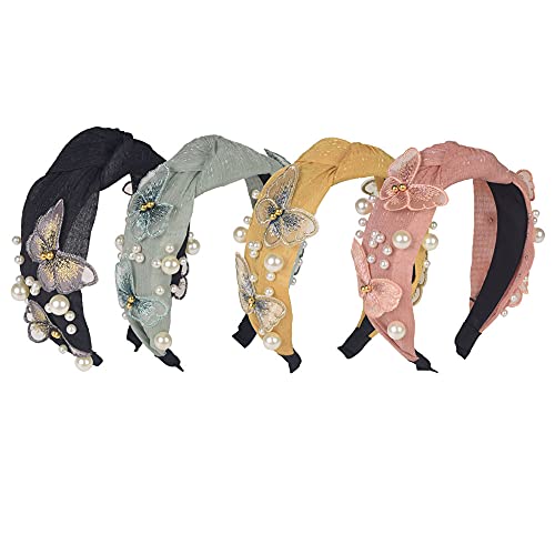 Headbands for Women Head Bands,4Pcs Knotted Pearl Headband Butterfly Headband Diademas Hair Accessories Hairbands for Girls No Slip Fashion Cute Top Knot Headband Gift for Women,Black Pink Yellow Green