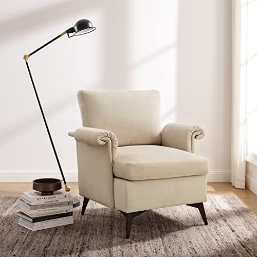 Volans Home Mid-Century Modern Accent Chair, Upholstered Line Armchair With Solid Frame, Comfy Retro Leisure Chair Reading Chair For Living Room, Bedroom, Offwhite #TOP1