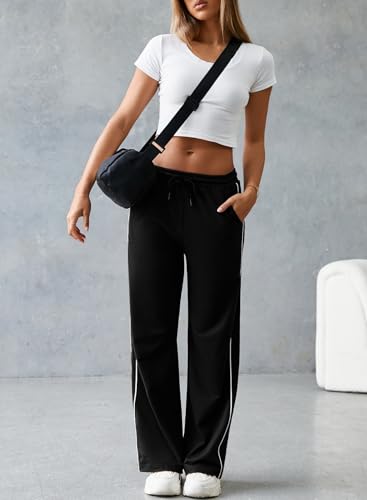 Herseas Women's 2 Side Stripes Sweatpants Wide Leg Pants Casual Drawstring Lounge Pants4