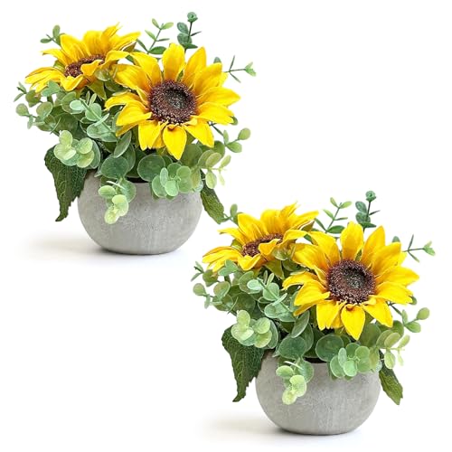 Lovmeety 2 Pack Artificial Flowers with Pot, Silk Sunflowers with Eucalyptus Fake Potted Plants Sunflower Centerpieces for Tables Home Office Room Shelf Desk Plant Decor
