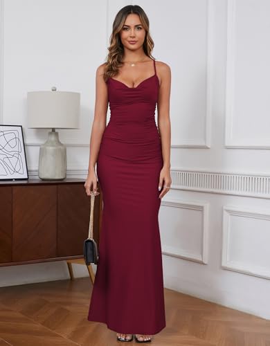 Capuffy Women's Spaghetti Straps Mermaid Maxi Dress Drape Neck Backless Elegant Evening Gown Wedding Guest Formal Dress 3593