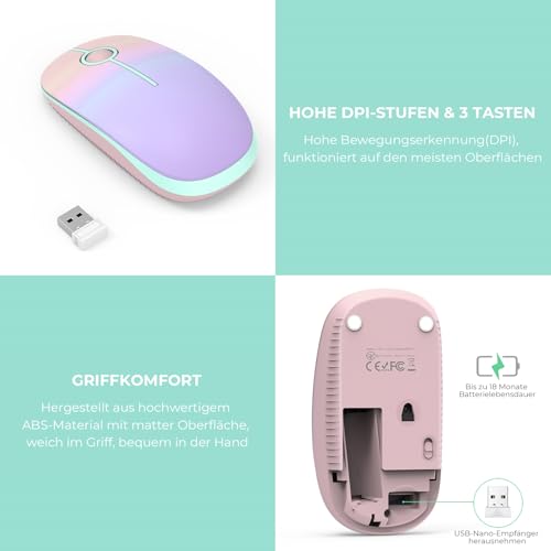 seenda Maus Kabellos, 2,4G Funkmaus mit 1600 DPI für PC/Laptop/Linux, 3 Leise Tasten, Für Links- und Rechtshänder, 18 Monate Akkulaufzeit(Rosa & Lila)