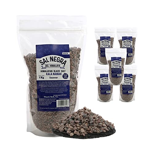 Sal Negra Gruesa de Himalaya - 1 Kg - 100% Natural y Pura, Rica en Minerales Esenciales, Sin Aditivos, Para Cocina y Salud (6pz)