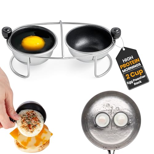 Eggssentials Egg Poacher Insert Stainless Steel Poached Egg Cooker Eggs Poaching Cup PFOA Free Egg Poachers Nonstick, 6.25' Rack Compatible with Skillet Instant Pot Pressure Cooker, 2 Poached Cups