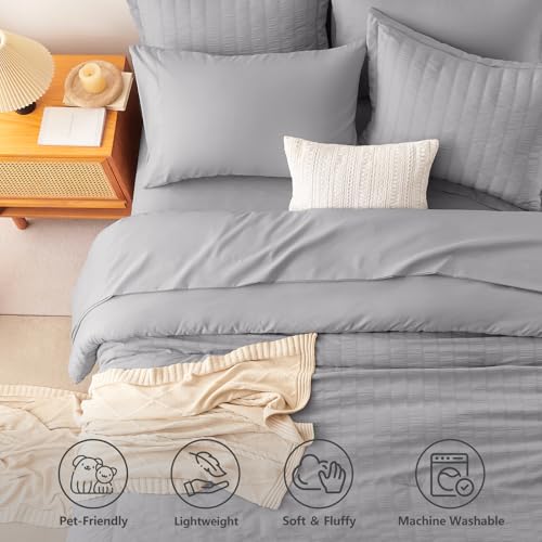 Image of CozyLux Oversized King Comforter Set with Sheets, 7 Pieces 120 inchx98 inch Grey Seersucker Bed in a Bag, Gray Luxury Soft Bedding Sets with Down Alternative Comforter, Sheets, Pillowcases & Shams All Seasons