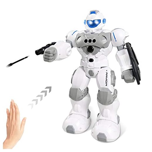 Intelligent Gesture Robot Toy, RC Robot Rechargeable with Protective Shield & Launcher, Remote Control Programmable Robotic with Interactive Singing Dancing Gesture Sensing Robot