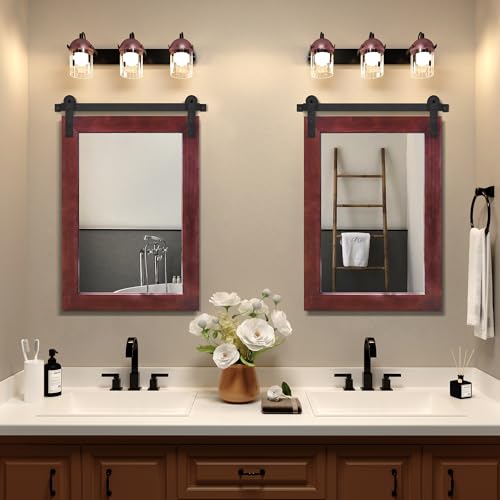 Image of COGOOD Farmhouse Barn Door Mirror - 21 x 30 Rustic Wood Framed Wall Mirror for Bathroom, Living Room, Entryway Wall Decor (Espresso)
