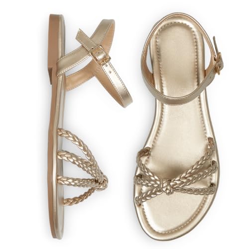 Image of iCKER Womens Braided Flat Sandals T‑Strap thong Elastic Stretch Ankle Strap