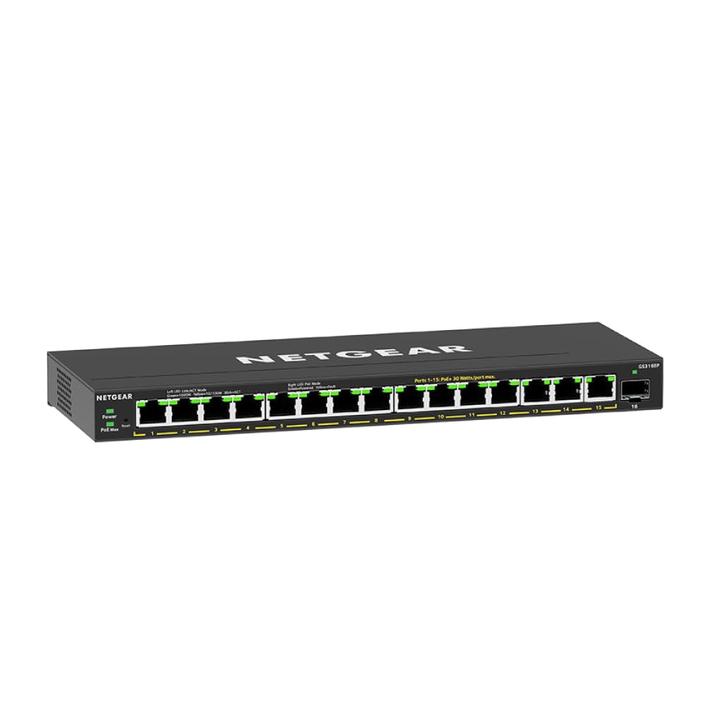 NETGEAR Switch PoE Gigabit Ethernet Plus a 16 porte (GS316EP) - Gestito con 15 x PoE+ @ 180W, 1 x porta SFP 1G, montaggio desktop/parete