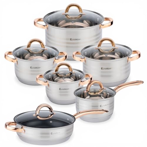EliteHoff Juego de ollas de inducción, olla de acero inoxidable de 7 capas, juego de ollas con tapa, asas doradas, para todo tipo de cocinas (oro de 12 piezas)