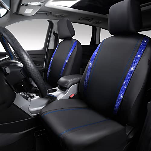 Image of CAR PASS Leather Diamond Bling Car Seat Covers 2 Front Interior Sets, Waterproof Universal Shining Glitter Crystal Sparkle Fit for 95% Automotive Truck SUV Cute Women Girl, Black Blue Rhinestone