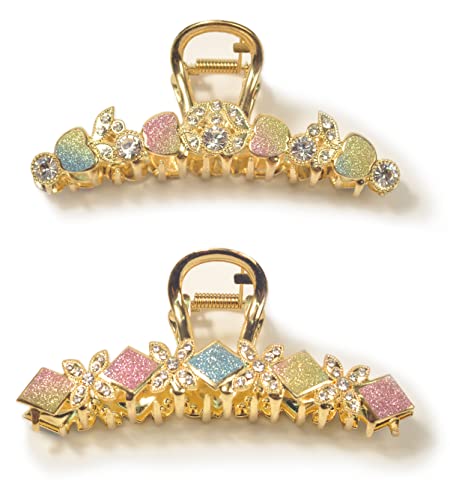 Hair Clips for Women and Girls, Large Metal Claw Clips for Thick or Thin Hair, Rhinestone Graduate Color Hair Accessories Set (2 Packs)