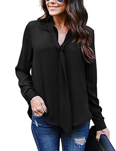 Yidarton Women's Cuffed Long Sleeve Casual V Neck Chiffon Blouses Tops with Tie(Black,L)