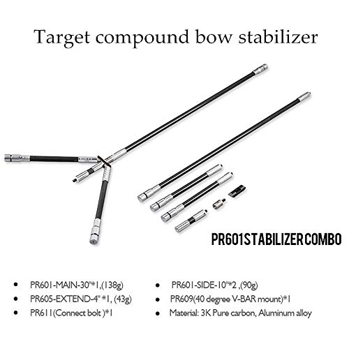SHARROW Archery Carbon Bow Stabilizer Combo System Balance Rod Main-Bar+Side-Bar+Extend-Bar+V-Bar for Compound Bow Recurve Bow Shooting Balance (PR601, 30") - Image 2