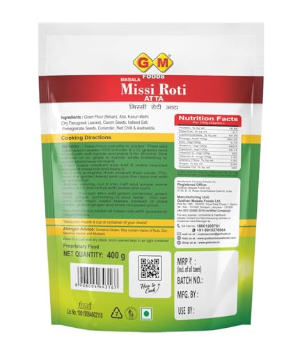 Image of GM Foods 400 Grams Missi Roti Atta | Spiced with Indian Seeds & Herbs | Rich in Protein, Vitamins, Minerals & Micronutrients | Healthy and Tasty | No Artificial Color or Preservatives