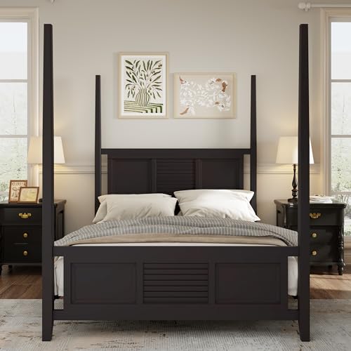 Traditional Queen Size Solid Wood Four Poster Bed with Horizontal Grille Design, Espresso