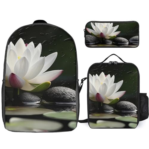 Sac à dos 3 pièces floral et pierres zen avec sac repas et trousse