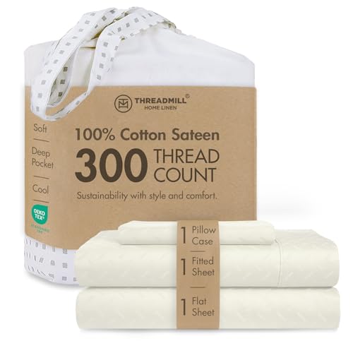 Image of Threadmill 300 Thread Count Cotton Twin Sheet Set, Sateen, Jacquard, Ivory | 100% Cotton, Sateen Weave, Jacquard Pattern, 3-Piece Set, 16 inch Deep Pocket, Cooling, Breathable, OEKO-TEX Certified