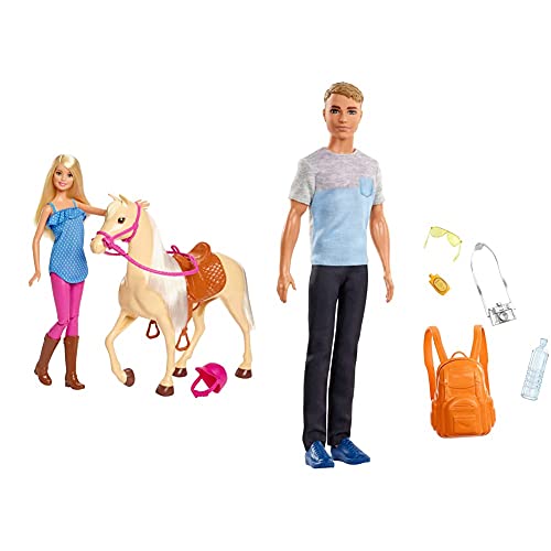 Barbie FXG94 FXH13 Pferd mit Mähne und Puppe mit beweglichen Knien & FWV17 FWV15 - Reise Ken Puppe mit Rucksack und…