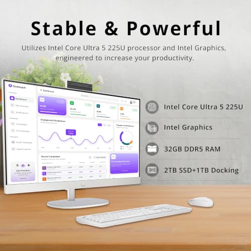 Image of HP 27 inch FHD Touchscreen All-in-One Desktop AI PC, Intel Ultra 5 225U(12-core), 32GB DDR5, 3TB Storage (2TB SSD+1TB Docking Station), FHD IR Camera, Wi-Fi 6, Wireless Keyboard & Mouse, Win 11, White