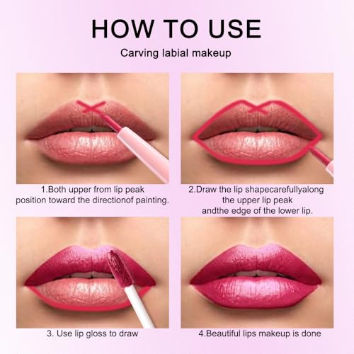 Image of evpct Rose Red Metallic Glitter Lip Liner and Lipstick Combo Lip Gloss Stain Set Makeup for Women Long Lasting Waterproof 24, Non Stick Cup Metal Shine Shimmer Iridescent Liquid Lipstick 25