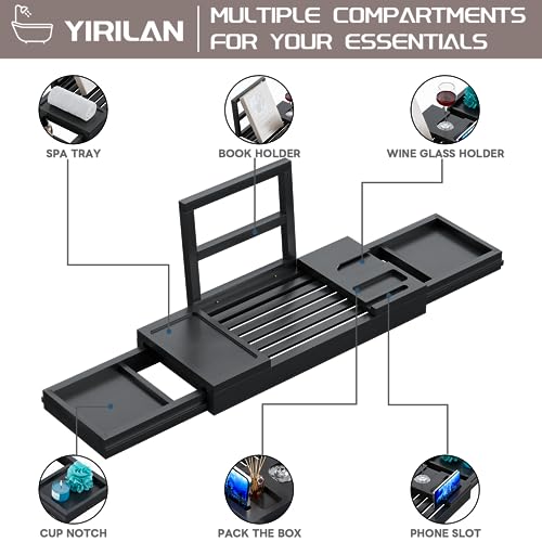 Yirilan Bamboo Bathtub Tray, Expandable Bathroom Tray, Waterproof Tray Caddy, Perfect Bath Caddy for Home Spa, Gift for Loved Ones, Black
