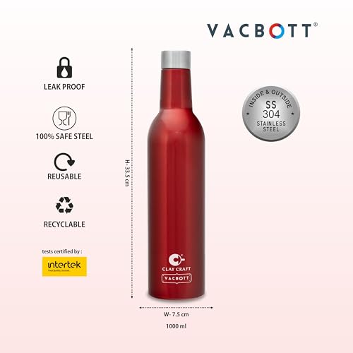 Image of CLAY CRAFT VACBOTT Ivy Wine Double Walled|18 Hours Hot and 24 Hours Cold Water Vacuum Insulated Flask Bottle|1 Pcs|1000 ml Water Bottles|Travelling|BPA-Free|BIS Certified|1Year Limited Warranty