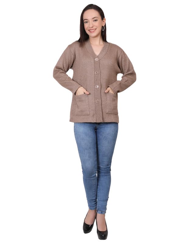 Image of MANRA Women's Woolen V-Neck Buttoned Full Sleeve Cardigan Self Design Soft Wool Fabric Winter Wear Pure Wool Sweater Fully Warm, Front Pockets Cardigan