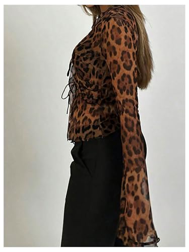Women's Leopard Sheer Tops Bell Sleeve Tie Front V Neck T Shirt Vintage Party Y2K Clothes Going Out Top3