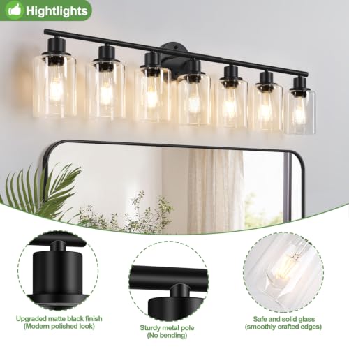 Image of Zarbitta 7-Light Bathroom Light Fixtures, Black Modern Vanity Lights with Clear Glass Shade, Bathroom Wall Lamp, for Mirror, Kitchen, Living Room, Hallway, Cabinet