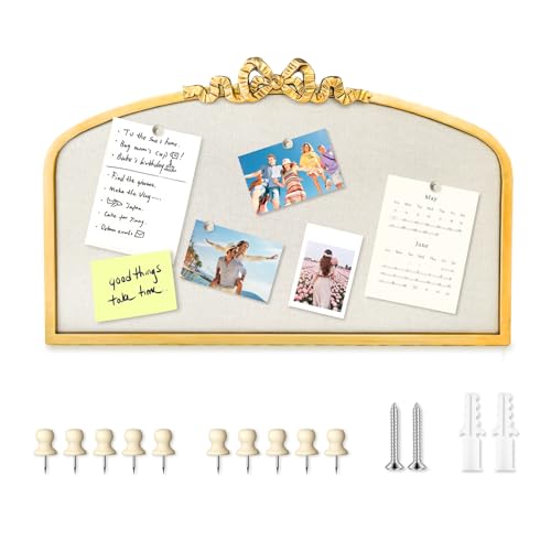 Vintage Arched Linen Cork Bulletin Board with Gold Bow –