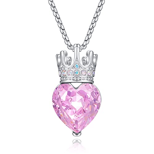 Cde Princess Queen Crown Necklace For Girls Women Love Heart Pendant Necklaces With Birthstone Crystal, Christmas Valentine’s Day Birthday Party Jewelry Gifts For Daughter Granddaughter Niece Teen Girl #TOP8